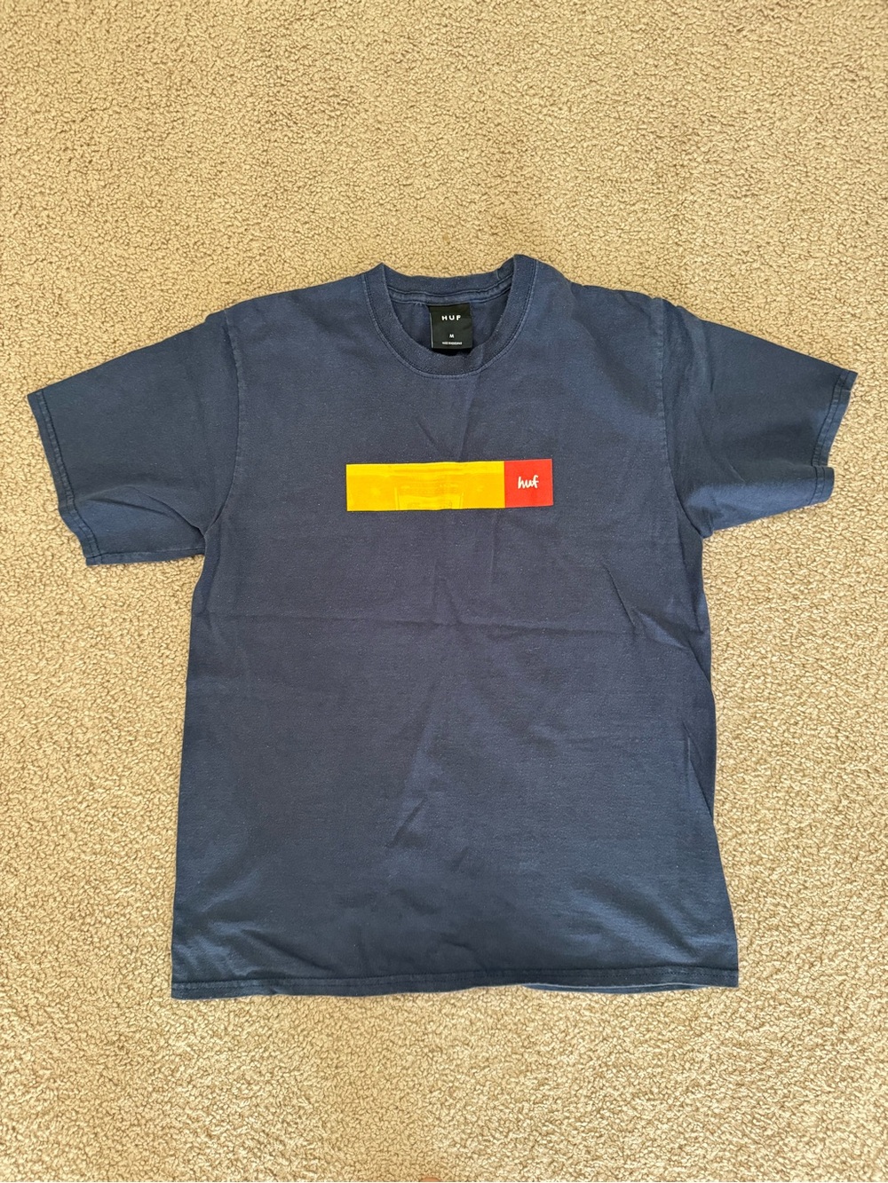 HUF Navy Short-Sleeve Tee with Yellow and Red Logo Bar